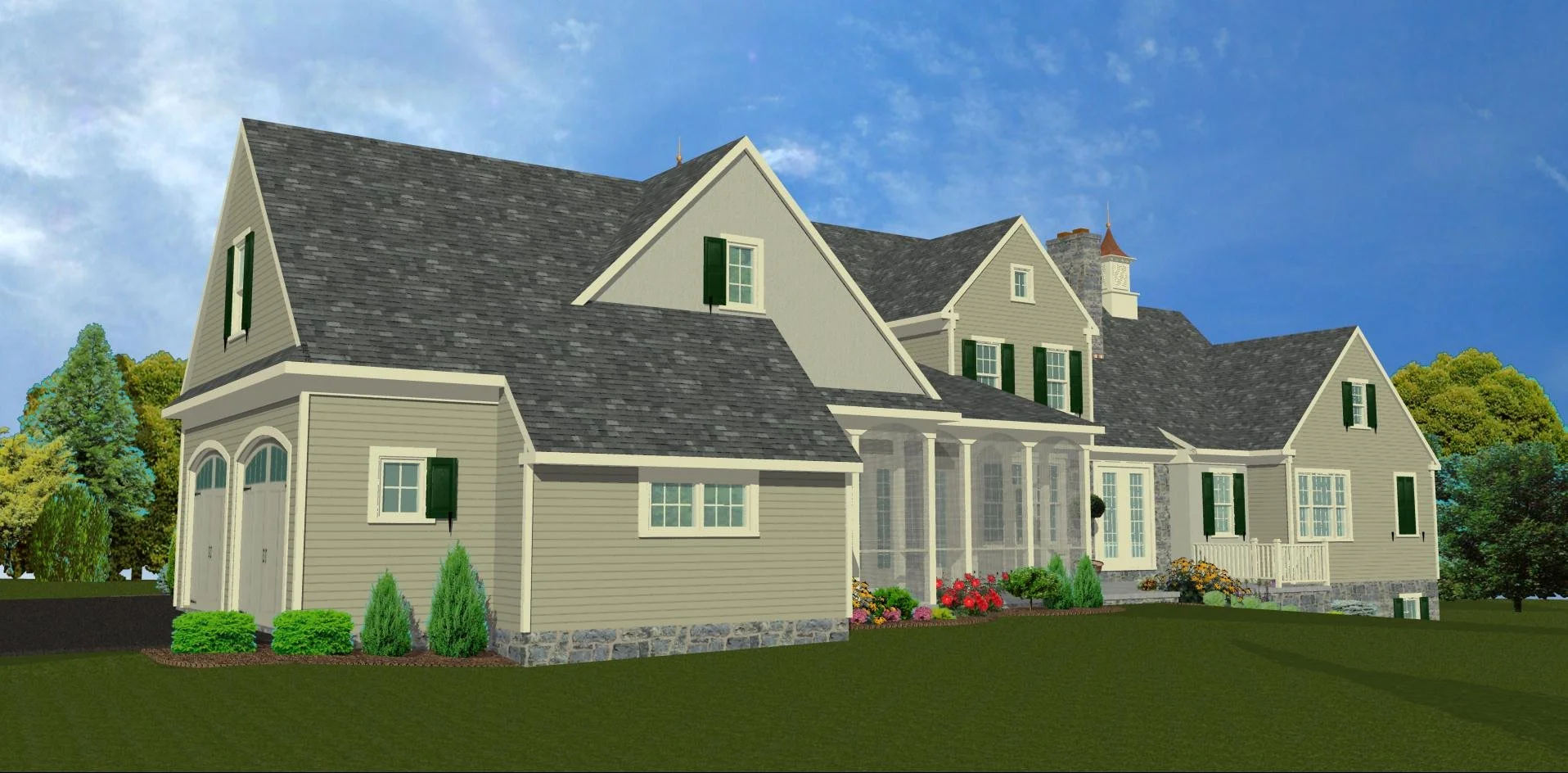 Rear Left View of 3D Rendering of a Classic Custom Home