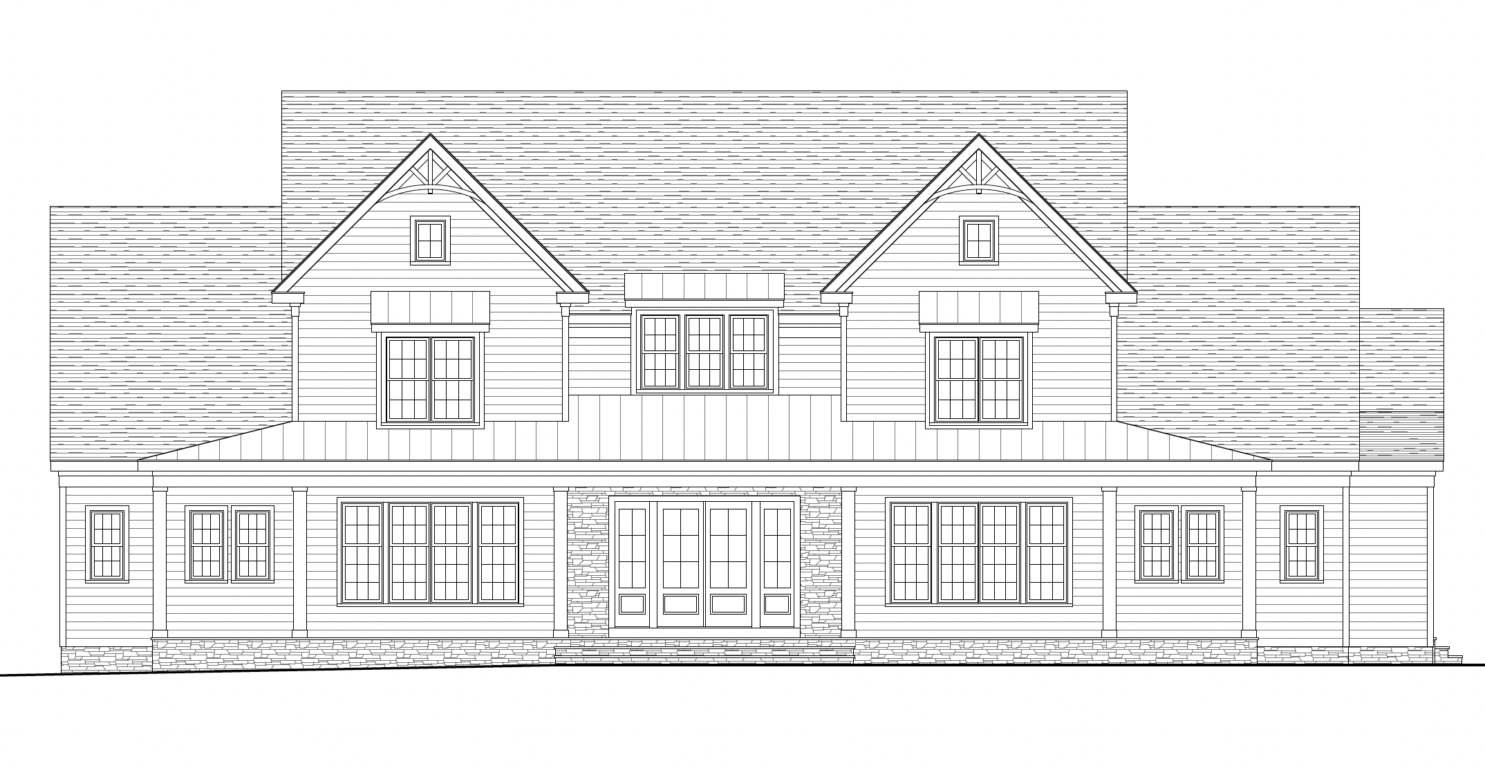 Black-and-white architectural elevation drawing of a traditional two-story home with gabled dormers, symmetrical windows, and a centered front entry