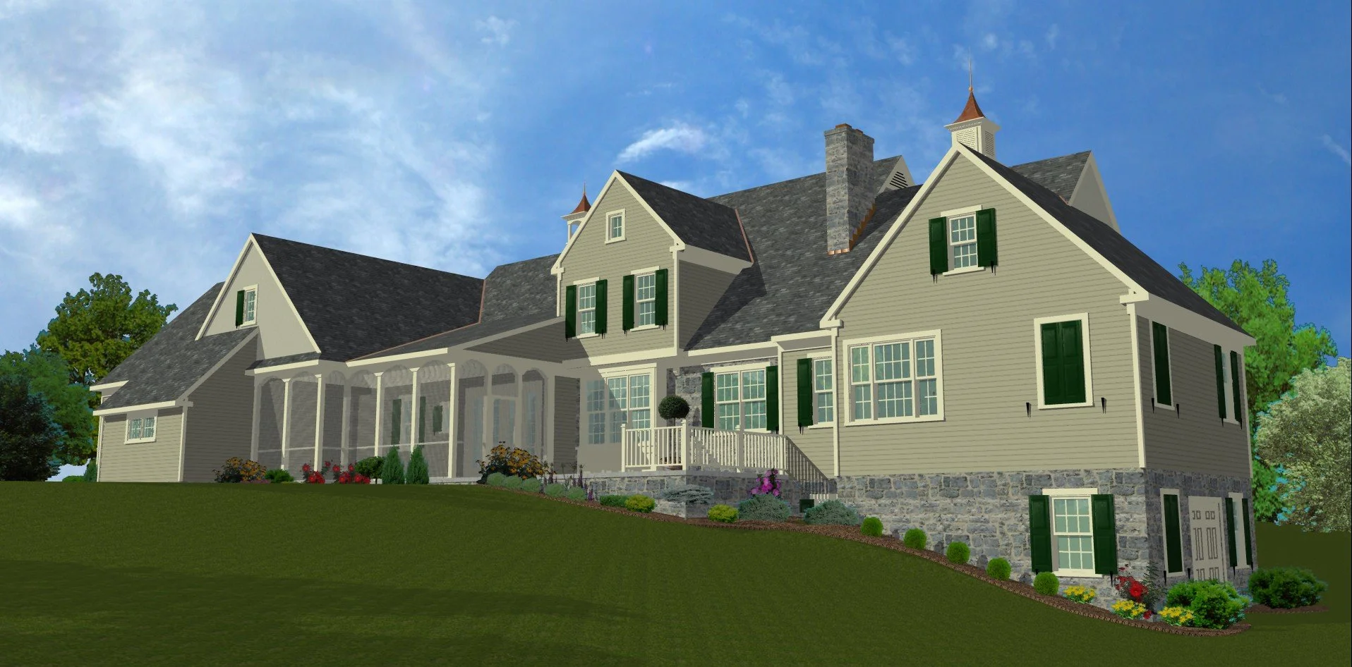 Rear Right View of 3D Rendering of a Custom Classic Home