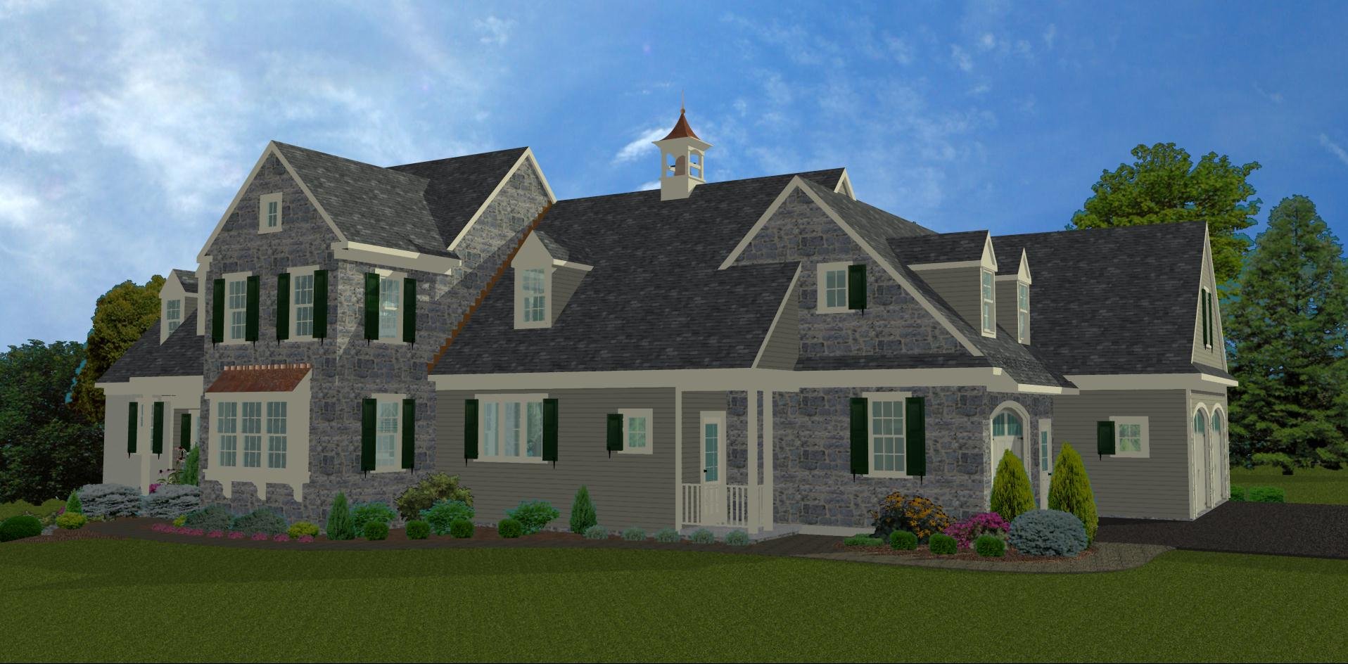 Front Right View of Classic Home 3D Rendering