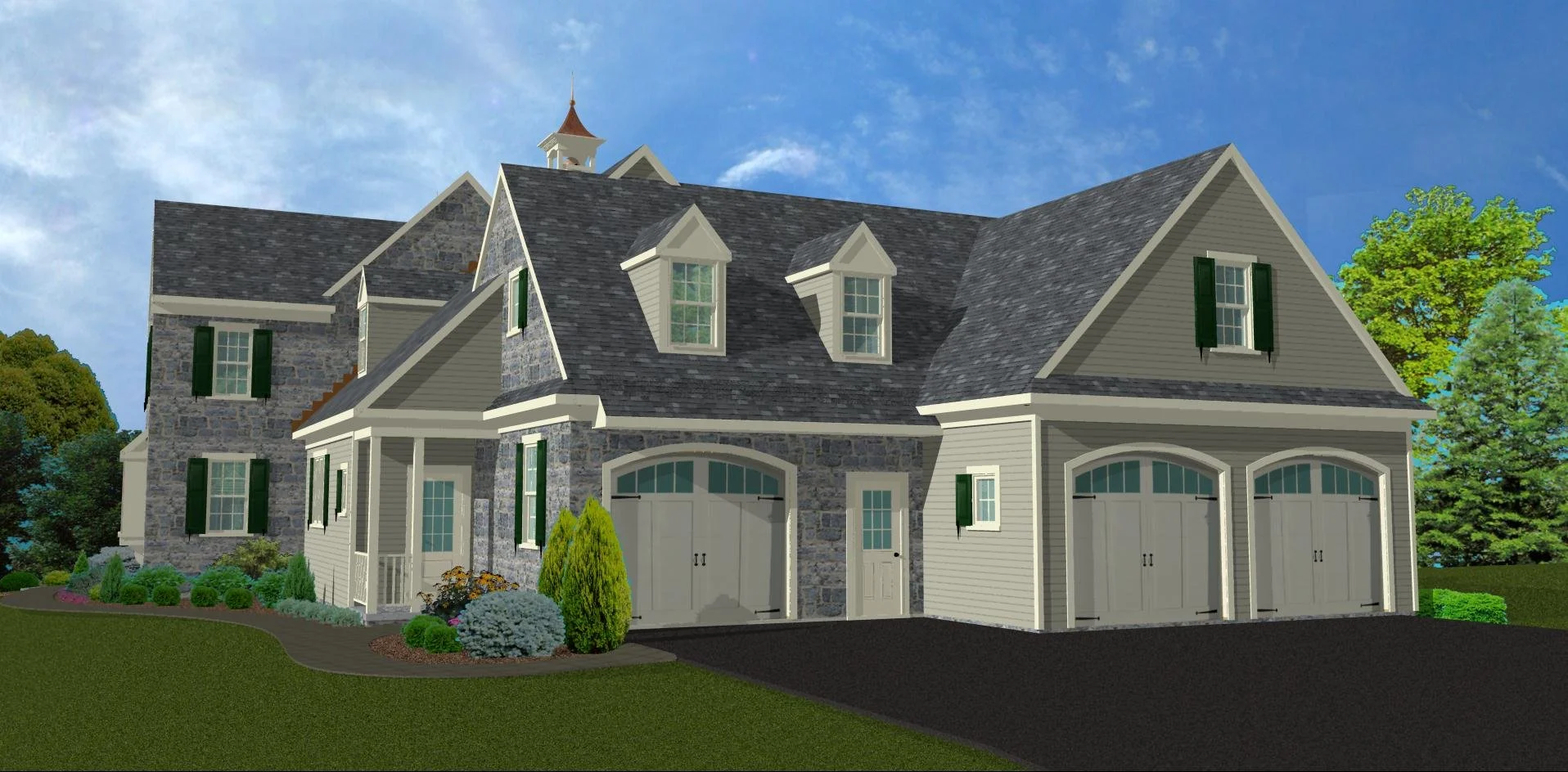 Garage View of 3D Rendering of Classic Home