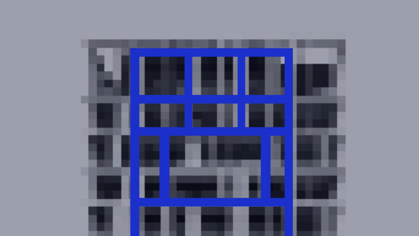 Pixelliertes Bild eines Gebäudes mit blauer Nachzeichnung der tragenden Strukturen