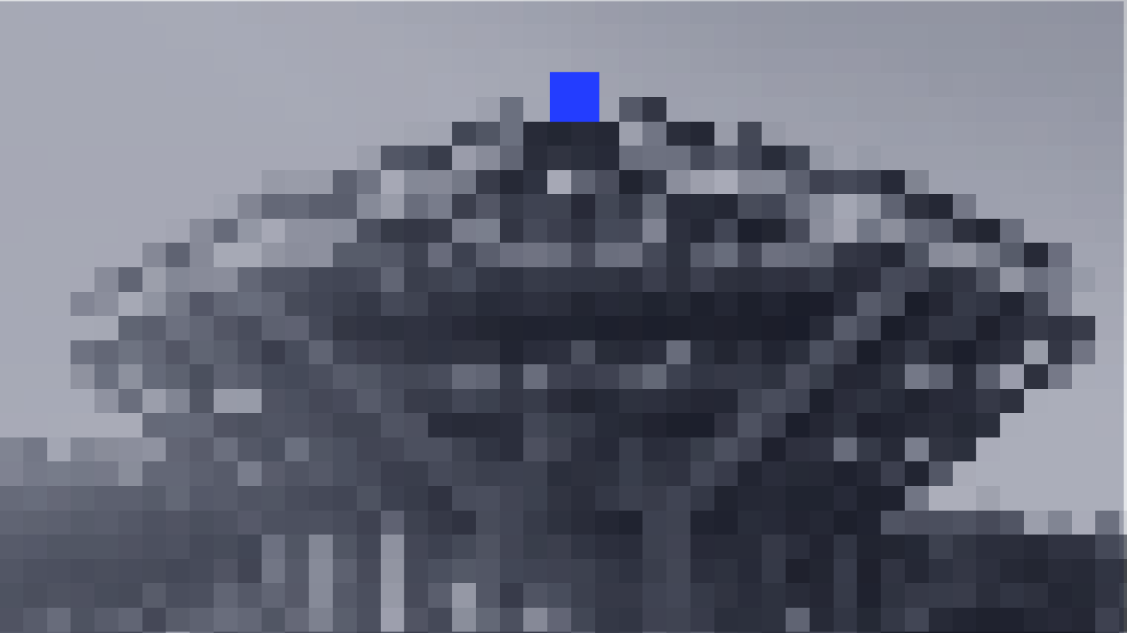 Ein Pixelbild der Geisel Library, mit einem blauen Markierung oben in der Mitte.