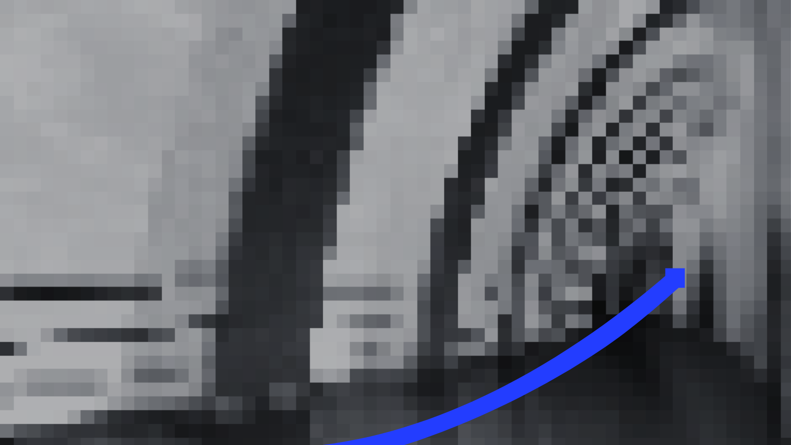 Schwarzweißbild eines Säulengangs mit graphischer blauer Aufwärtstrendlinie.