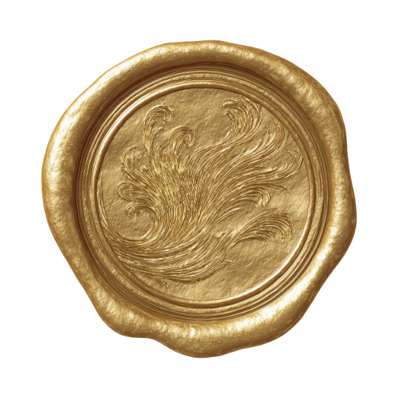 Gold wax seal with an intricate swirling design in the center.
