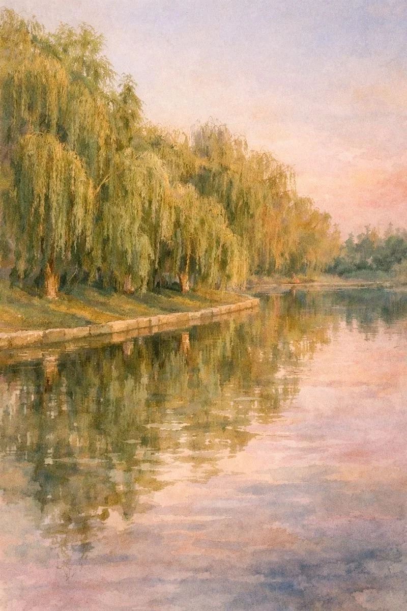 A serene landscape painting of a river with willow trees along the bank, reflecting the soft pastel colors of the sky during sunset or sunrise.