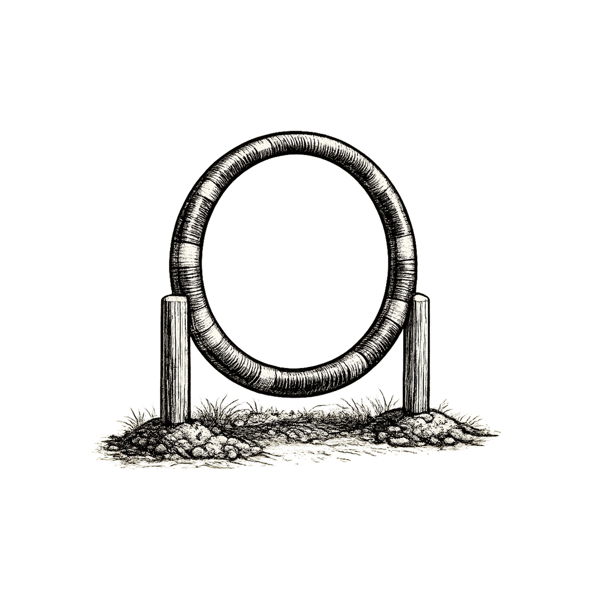 A black and white sketch of a large metal ring structure mounted on two vertical posts with rocks and grass at the base.