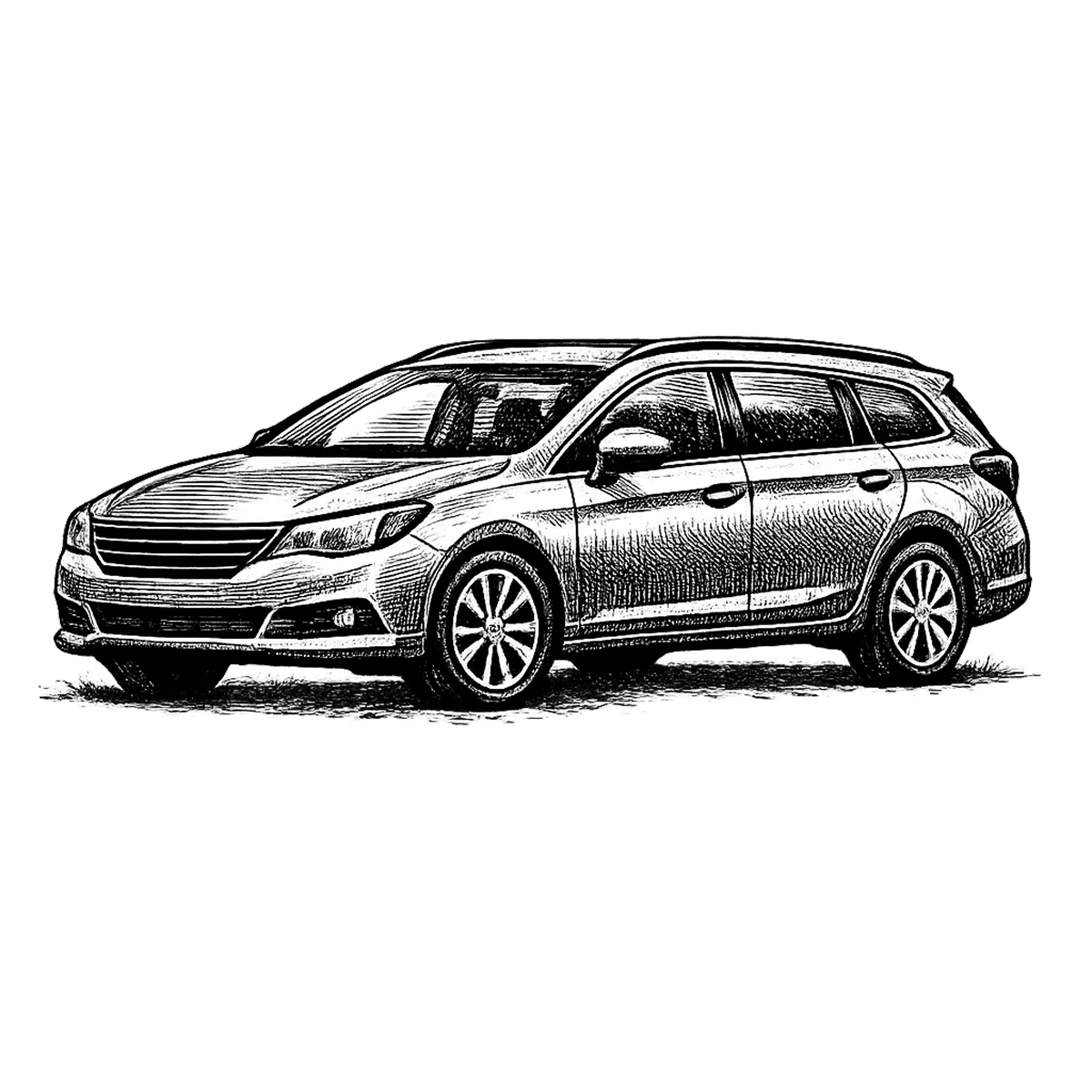 Black and white sketch of a modern station wagon car facing left
