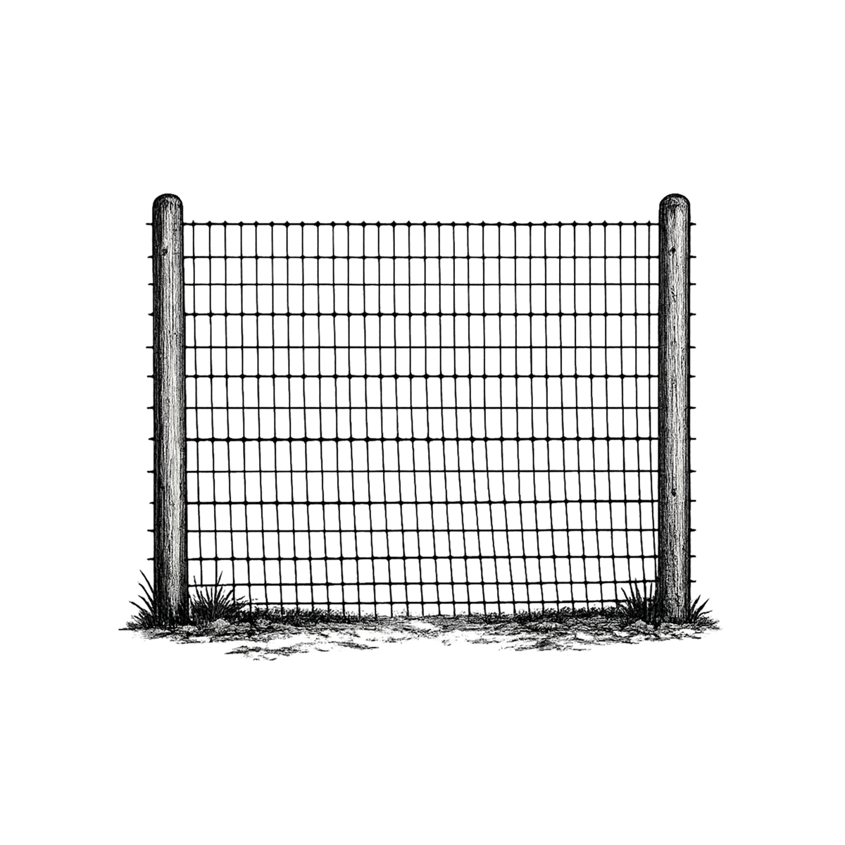 Black and white photo of a wire fence with wooden posts on each side, against a dark background.