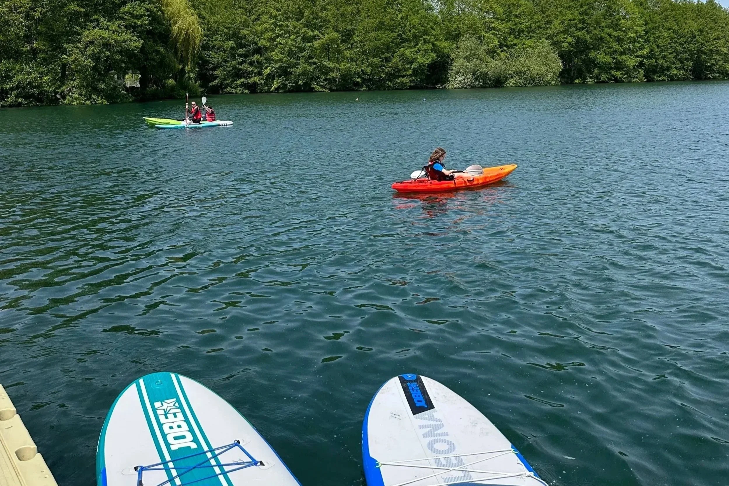 People kayaking on a lake surrounded by trees