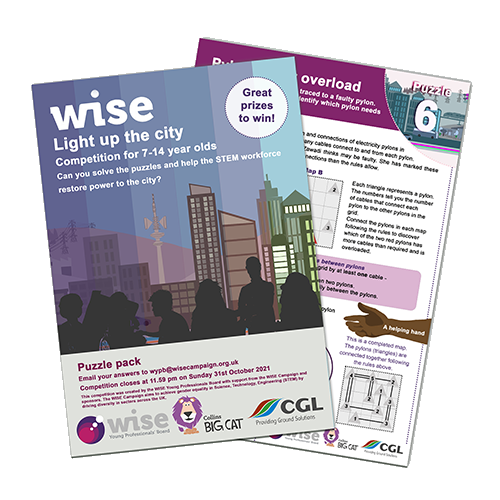 Flyers for a city-themed puzzle competition for children aged 7-14 featuring silhouettes of kids and a city skyline with buildings and construction cranes.