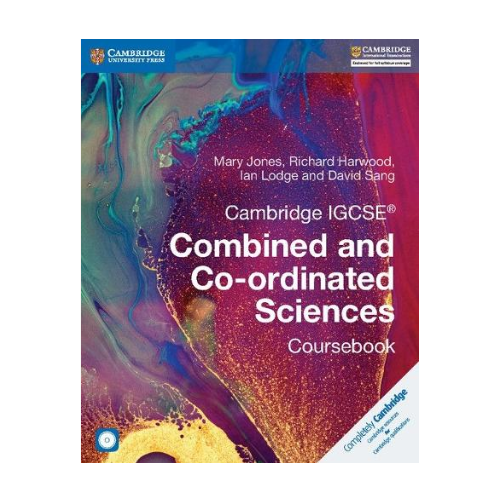 Cover of the Cambridge IGCSE Combined and Co-ordinated Sciences coursebook with colorful abstract background and title text.