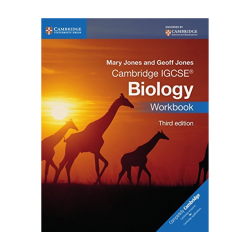 Cover of a biology workbook titled "Cambridge IGCSE Biology Workbook" by Mary Jones and Geoff Jones, third edition, featuring silhouettes of giraffes against a sunset background.