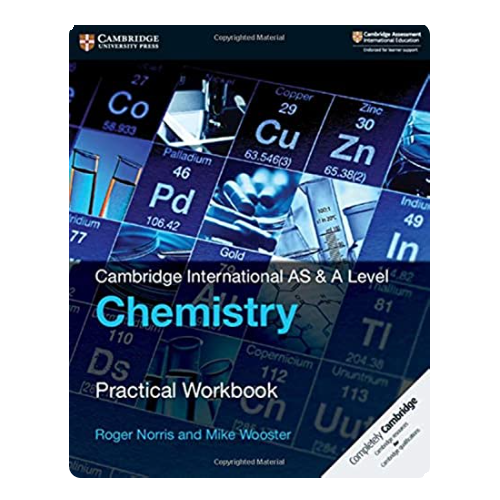 Cover of a chemistry workbook titled "Cambridge International AS & A Level Chemistry Practical Workbook" with periodic table elements and laboratory imagery.