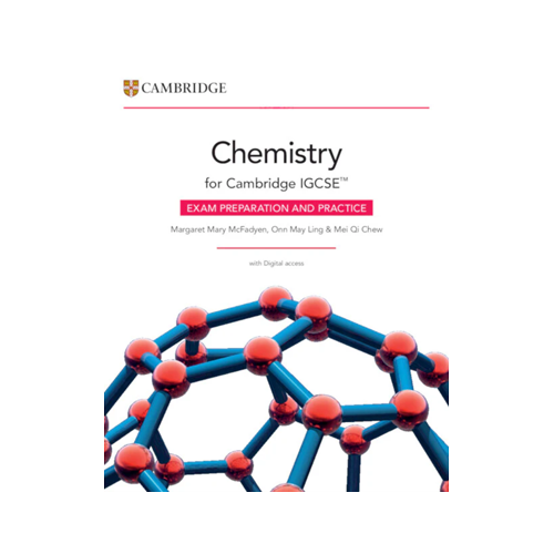 Cover of a textbook titled "Chemistry for Cambridge IGCSE" with a molecular model illustration.