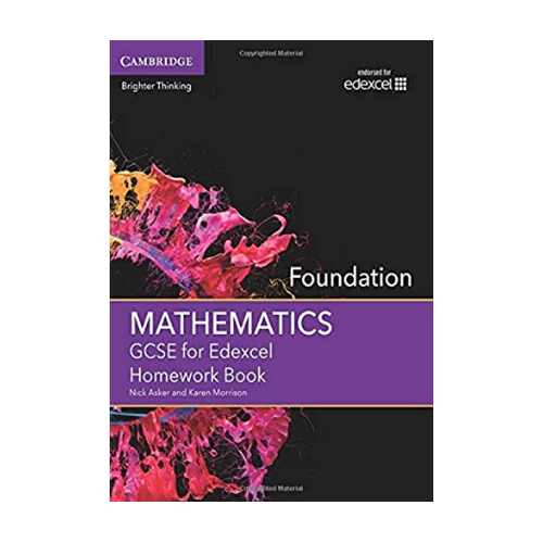 Cover of a mathematics homework book titled 'Foundation Mathematics GCSE for Edexcel'. The cover has a black background with purple accents and colorful paint splashes.