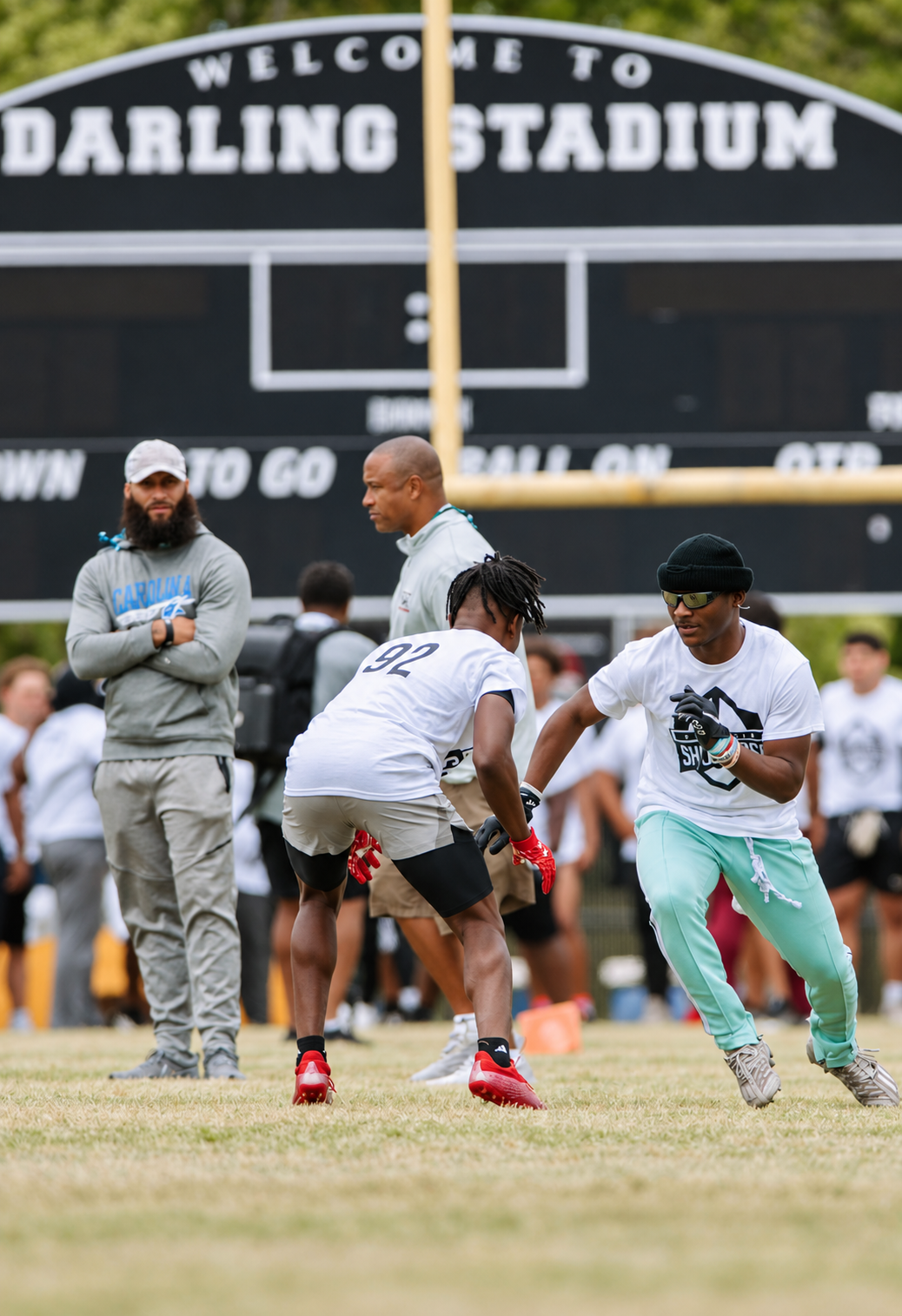 An athlete participating in an on-field drill at the 2023 Peninsula Showcase.