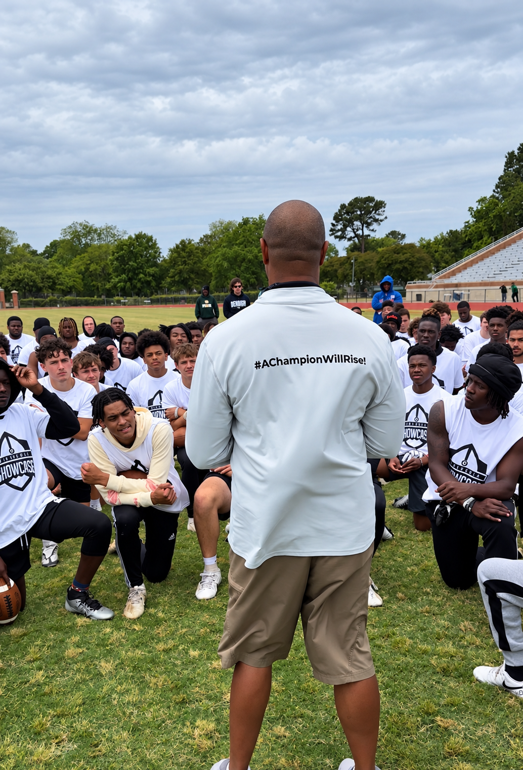 A coach addressing athletes at the 2023 Peninsula Showcase.