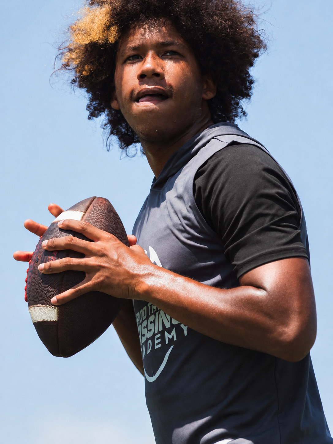 A quarterback preparing to throw at the Tyrod Taylor Passing Academy.