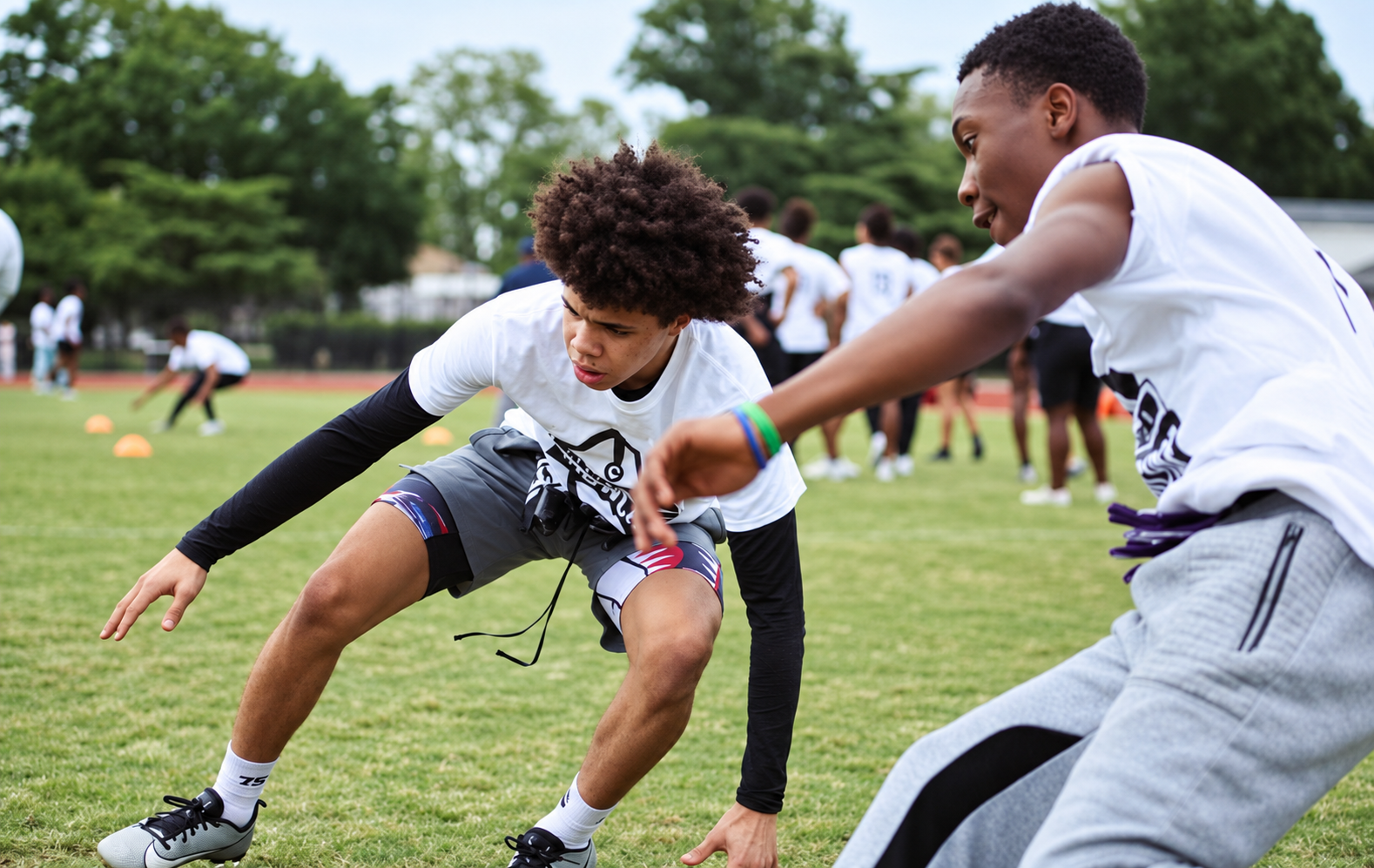 Athletes working through an on-field drill at the 2023 Peninsula Showcase.