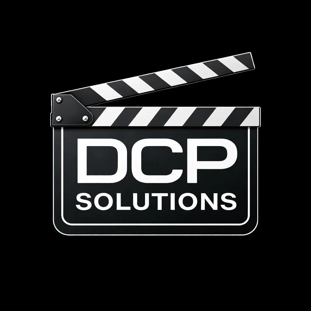 Black and white film slate with the text "DCP Solutions" on it, set against a black background.