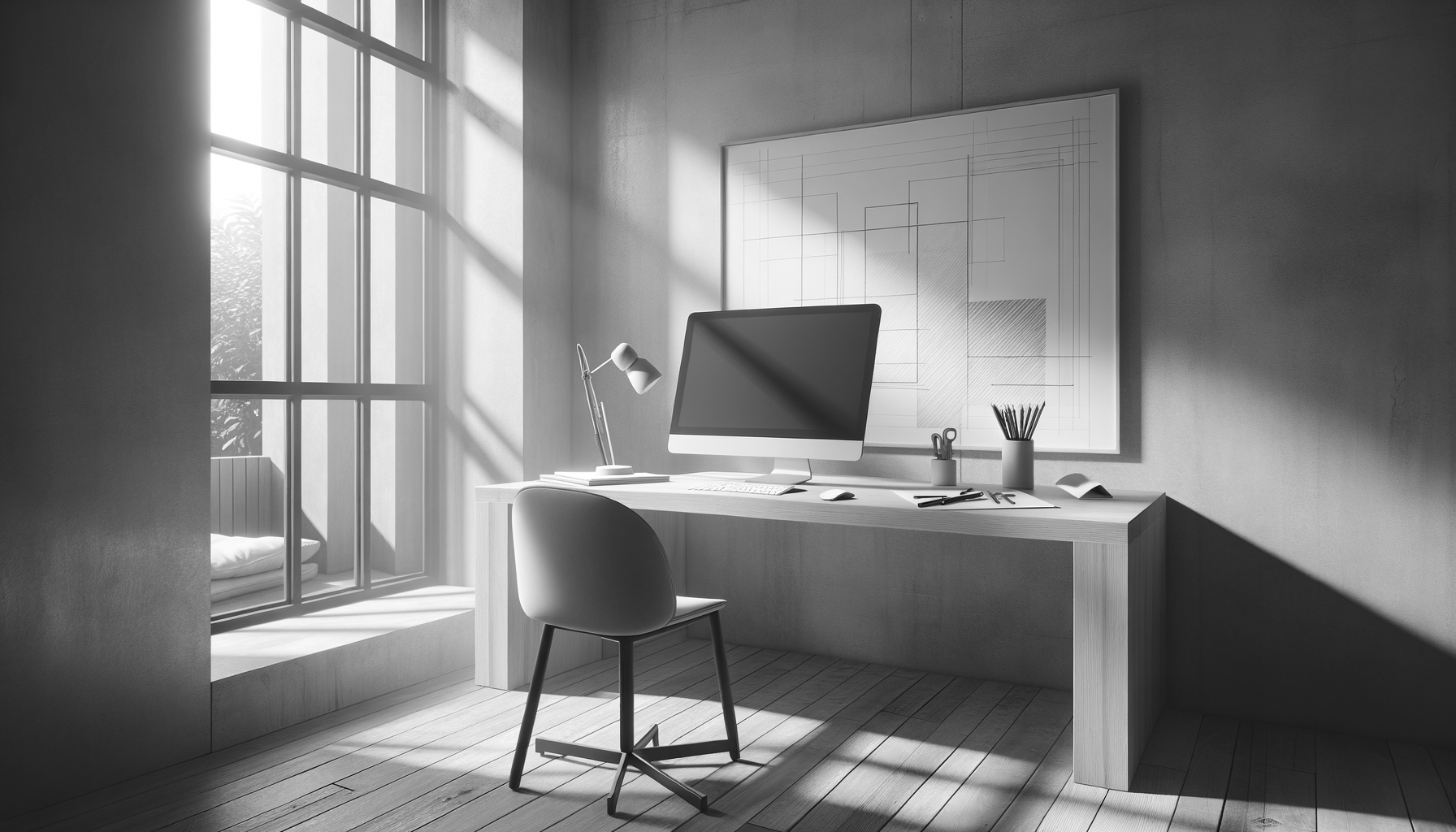 A minimalist office with a wooden desk, an Apple iMac computer, a white chair, a desk lamp, scissors, a pen holder with pencils, and opened papers, next to a large window casting shadows on the floor.