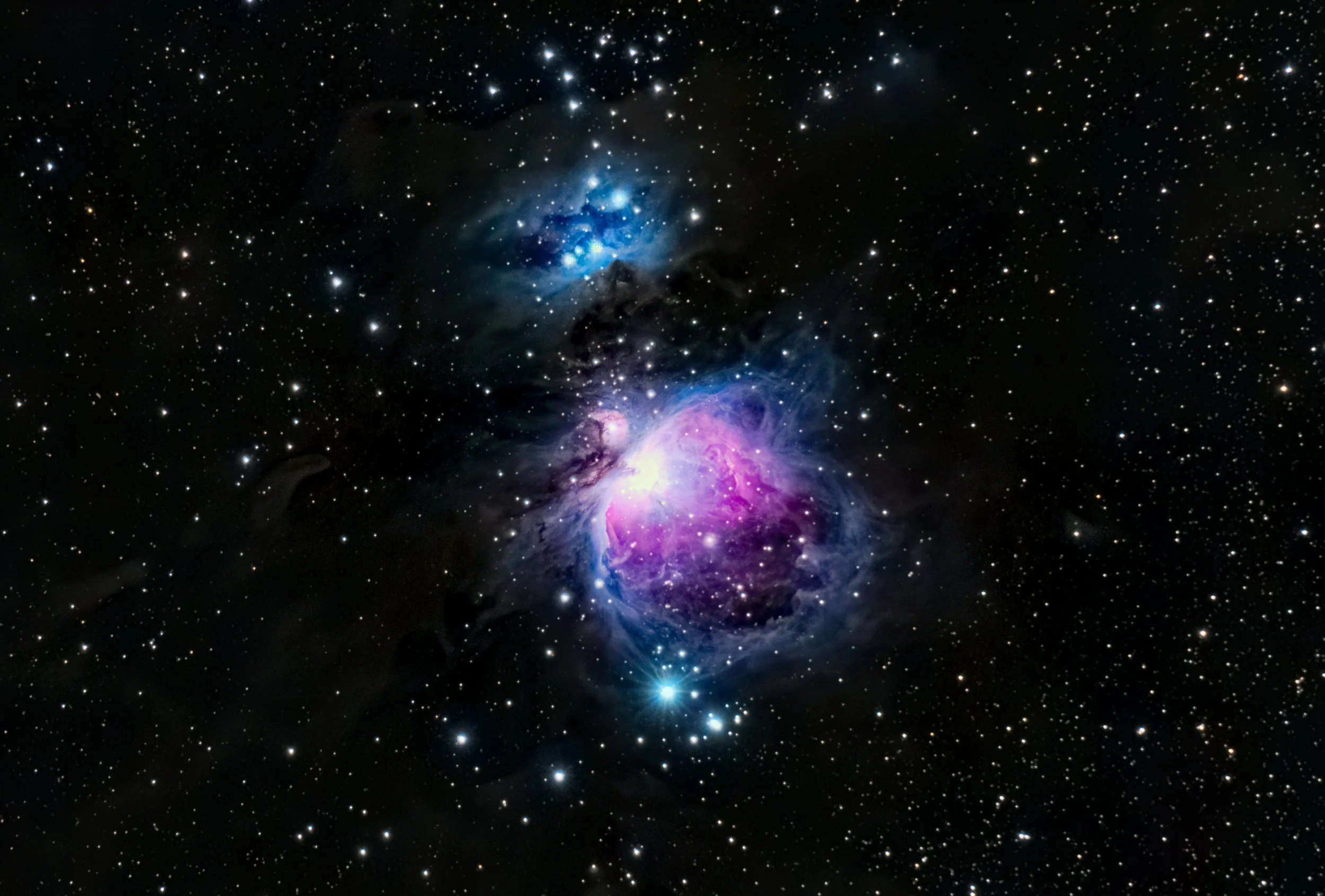 Deep space image of the nebula in vibrant colors with stars scattered across the background, featuring a bright purple and pink central region.