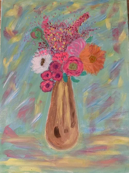 A colorful painting of a bouquet of flowers in a brown vase on a multicolored background.