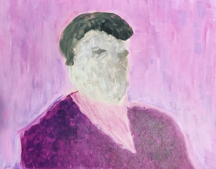 Abstract portrait of a person with short dark hair, wearing a pink shirt and purple blazer, against a pink background.