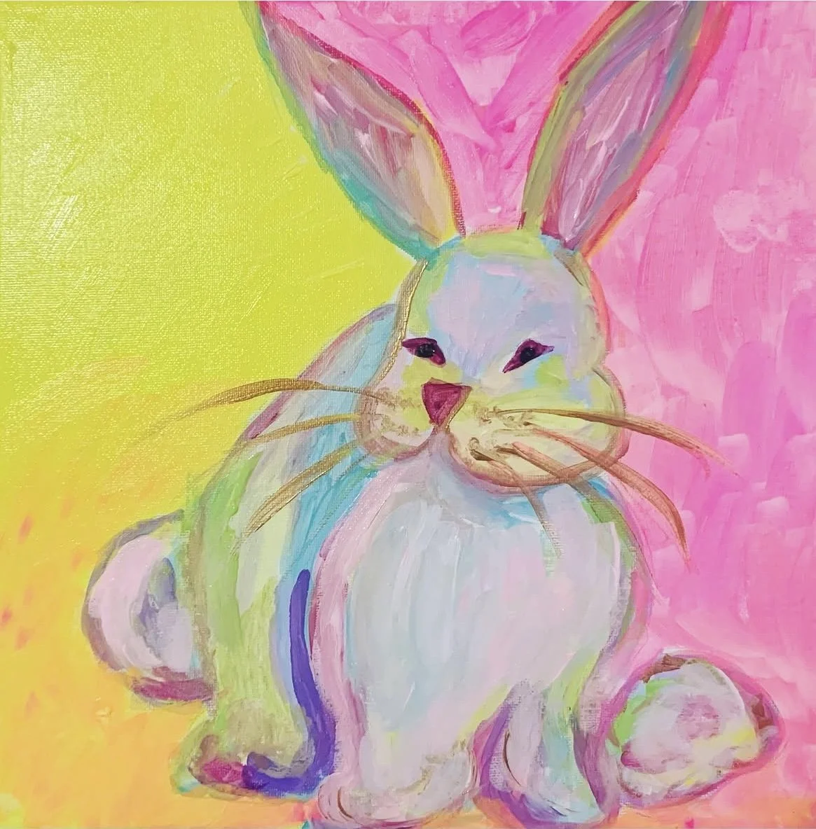 Colorful painting of a rabbit with large pink ears, pink nose, and whiskers, set against a vibrant yellow and pink background.