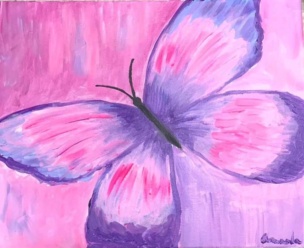 Painting of a butterfly with pink and purple wings on a pink background.
