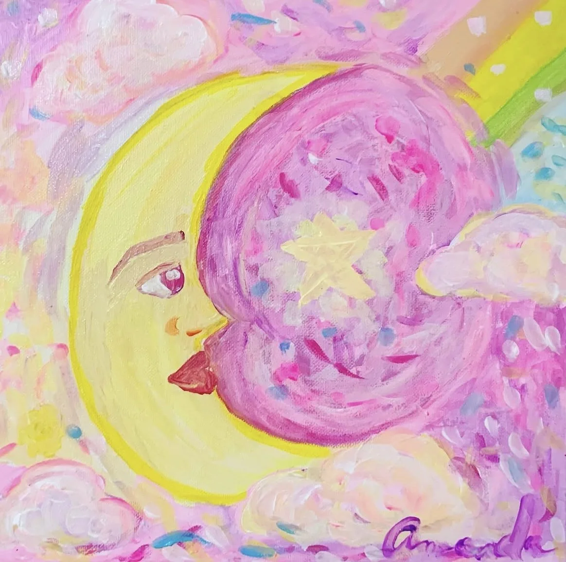A whimsical painting of a crescent moon with a human face blowing a pink cloud, surrounded by colorful clouds and pastel hues.