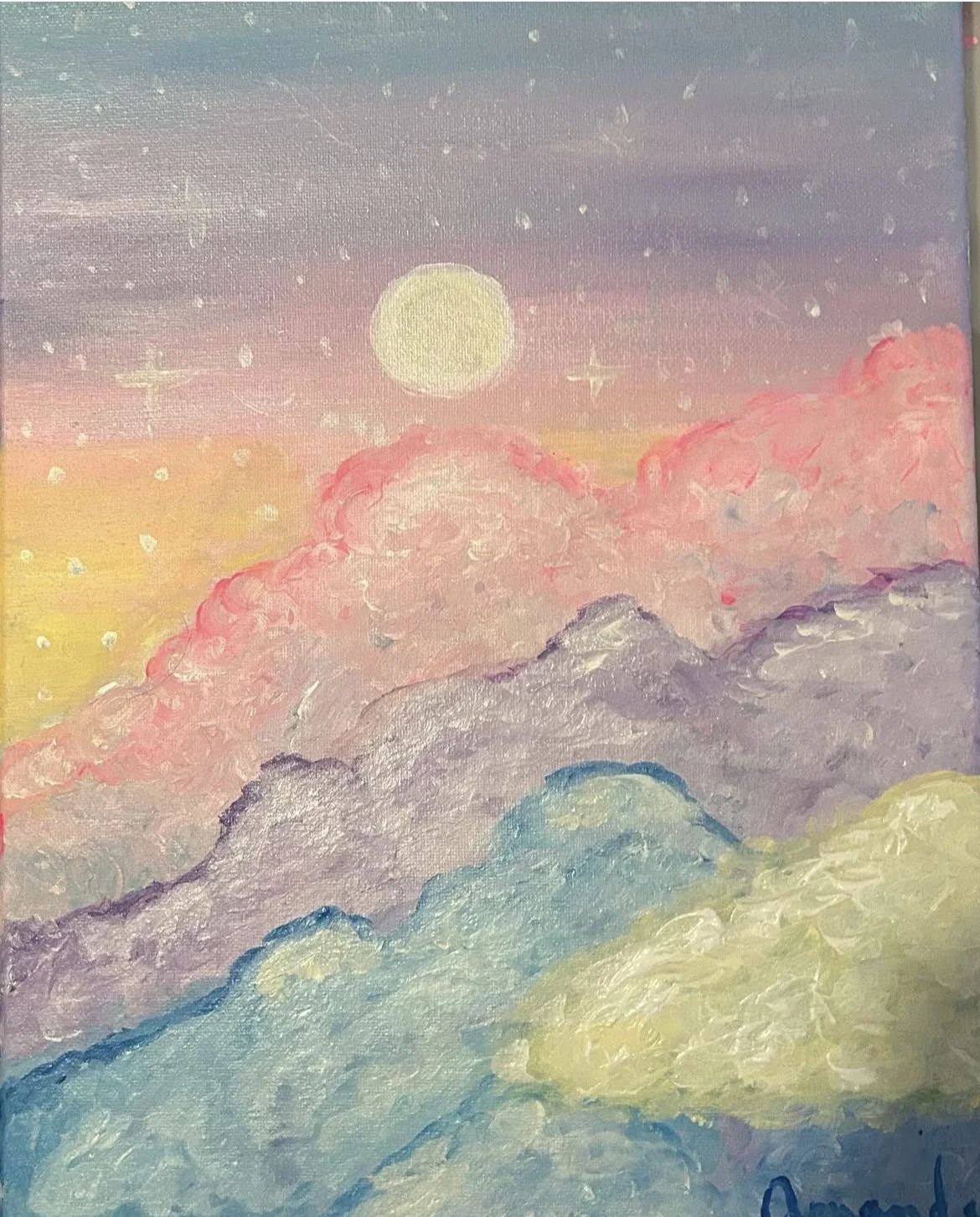 Pastel-colored painting of a sky with a bright sun, clouds in pink, purple, yellow, and blue hues, with a starry background.