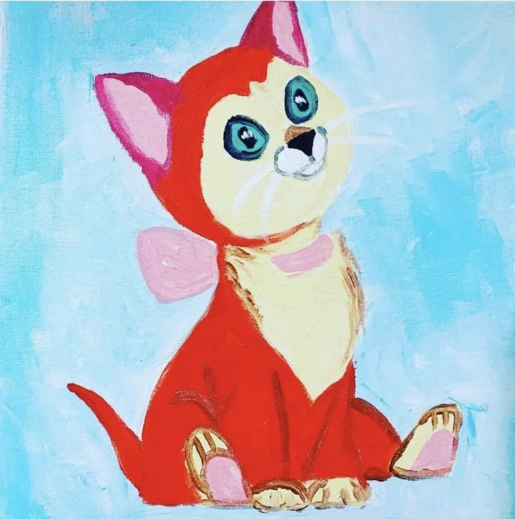 A colorful painting of a cat with large blue eyes, pink ears, and a pink bow around its neck, sitting against a light blue background.