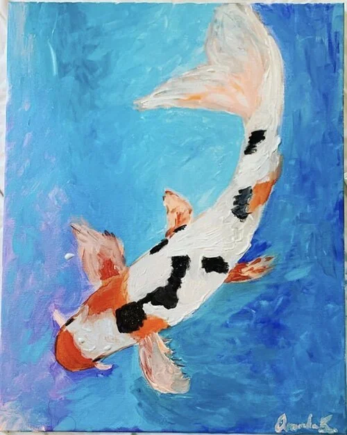 Quiet Currents: Painted in flowing blues and soft whites, this koi drifts peacefully through water, representing calm, balance, and inner movement. The brushstrokes invite stillness, offering a sense of serenity and quiet reflection.