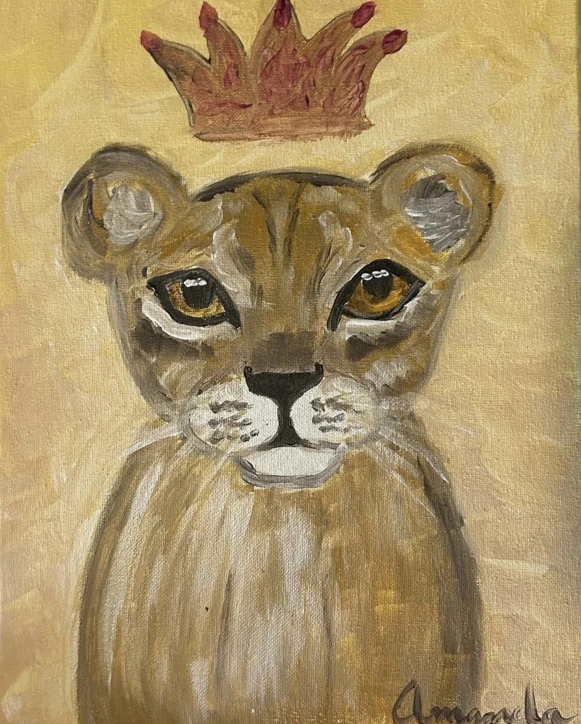 Painting of a lioness with a crown above her head, on a yellow background.