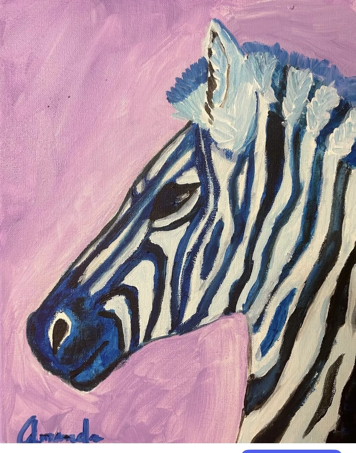 Painting of a zebra with blue and black stripes, pink background, and white mane.