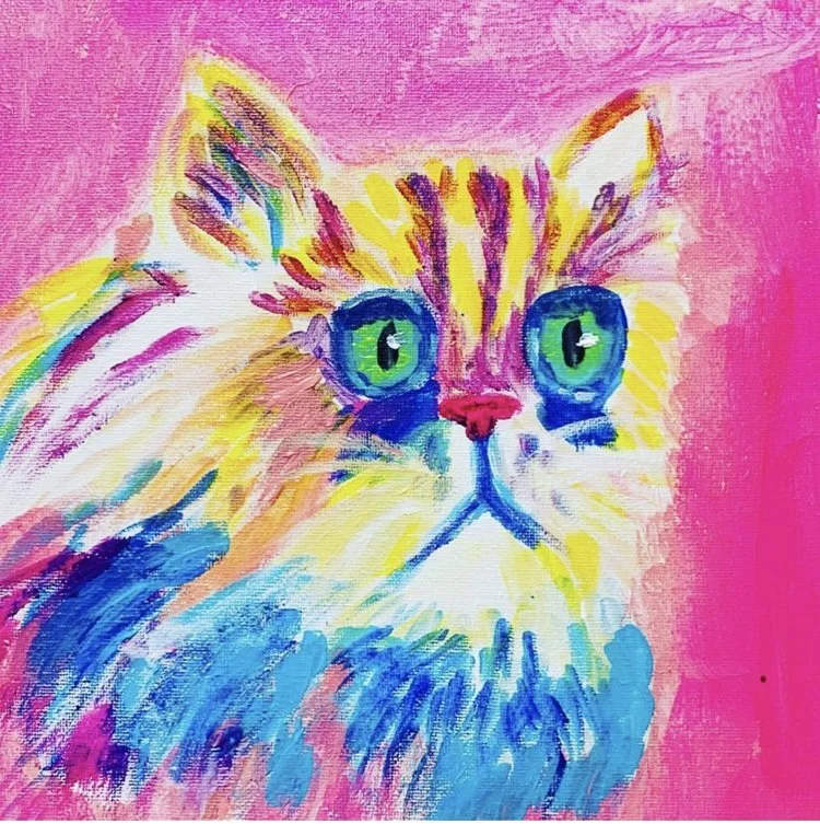 Colorful, expressive painting of a kitten with bright green eyes, pink nose, and multicolored fur against a pink background.