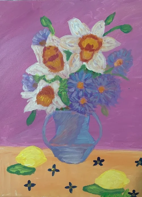 Painting of a colorful floral bouquet in a blue vase, with yellow lemons and small black flowers on a pink background.