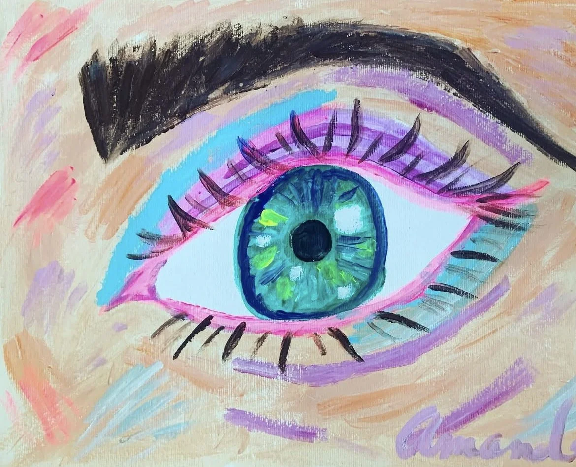 Colorful painting of a human eye with a green and blue iris, pink eyelids, and black eyelashes, surrounded by pastel-colored background strokes.