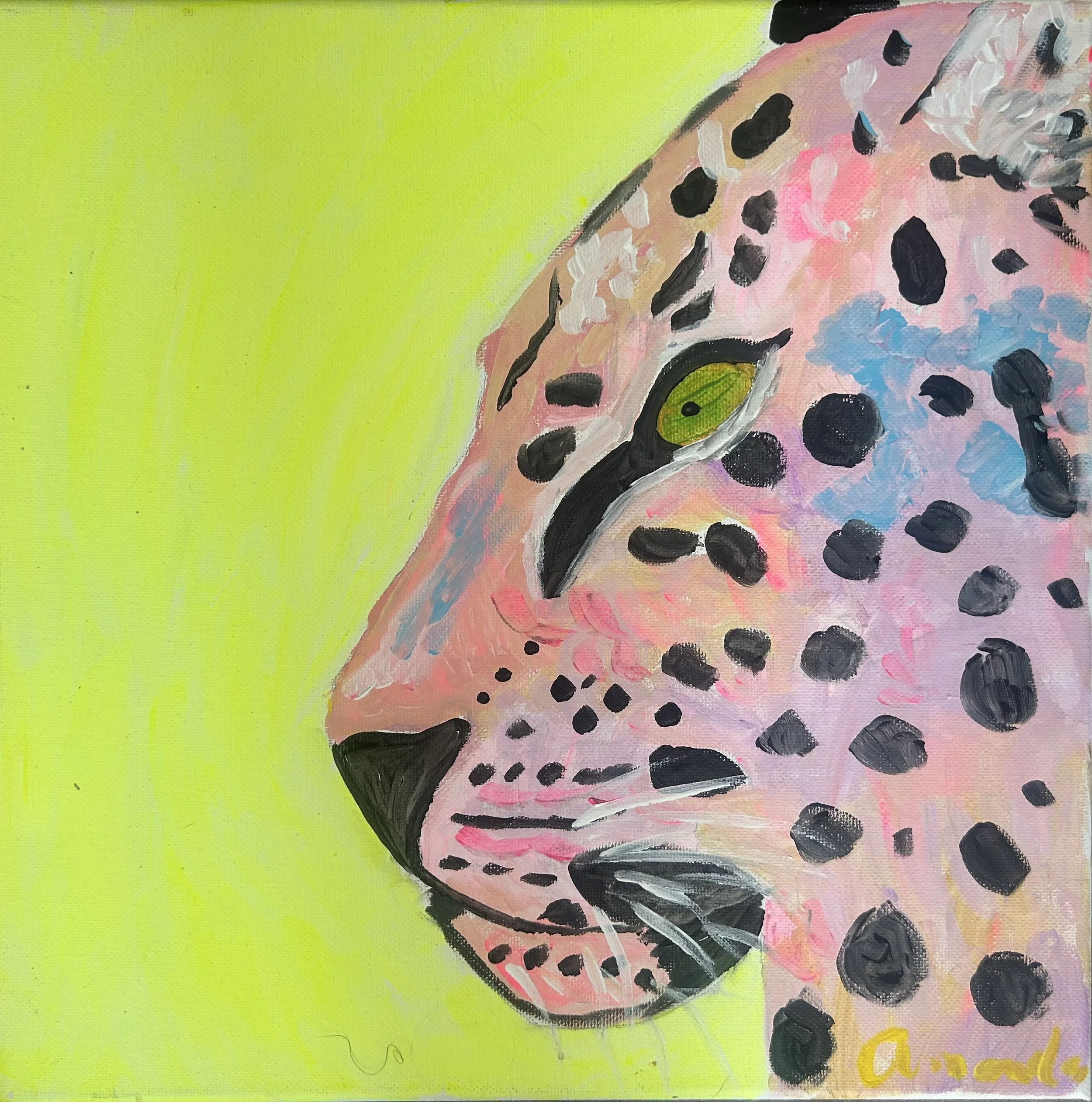 Painting of a jaguar's face in profile view with green eye, black spots, and pinkish fur against a lime green background.