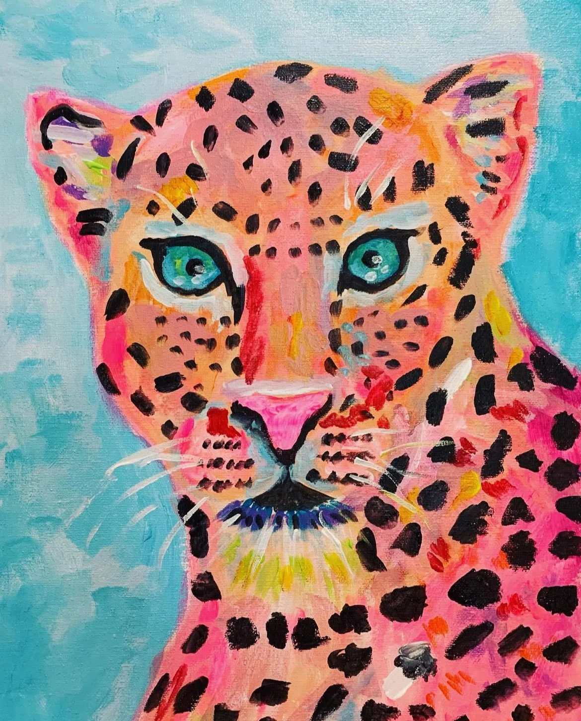 Colorful painting of a cheetah with blue eyes on a light blue background.