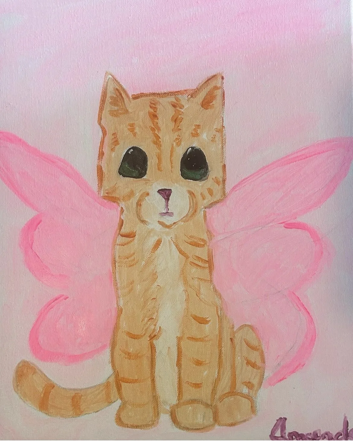 Drawing of a cute orange tabby cat with big eyes, pink wings, and a pink background, signed 'Amor'. 