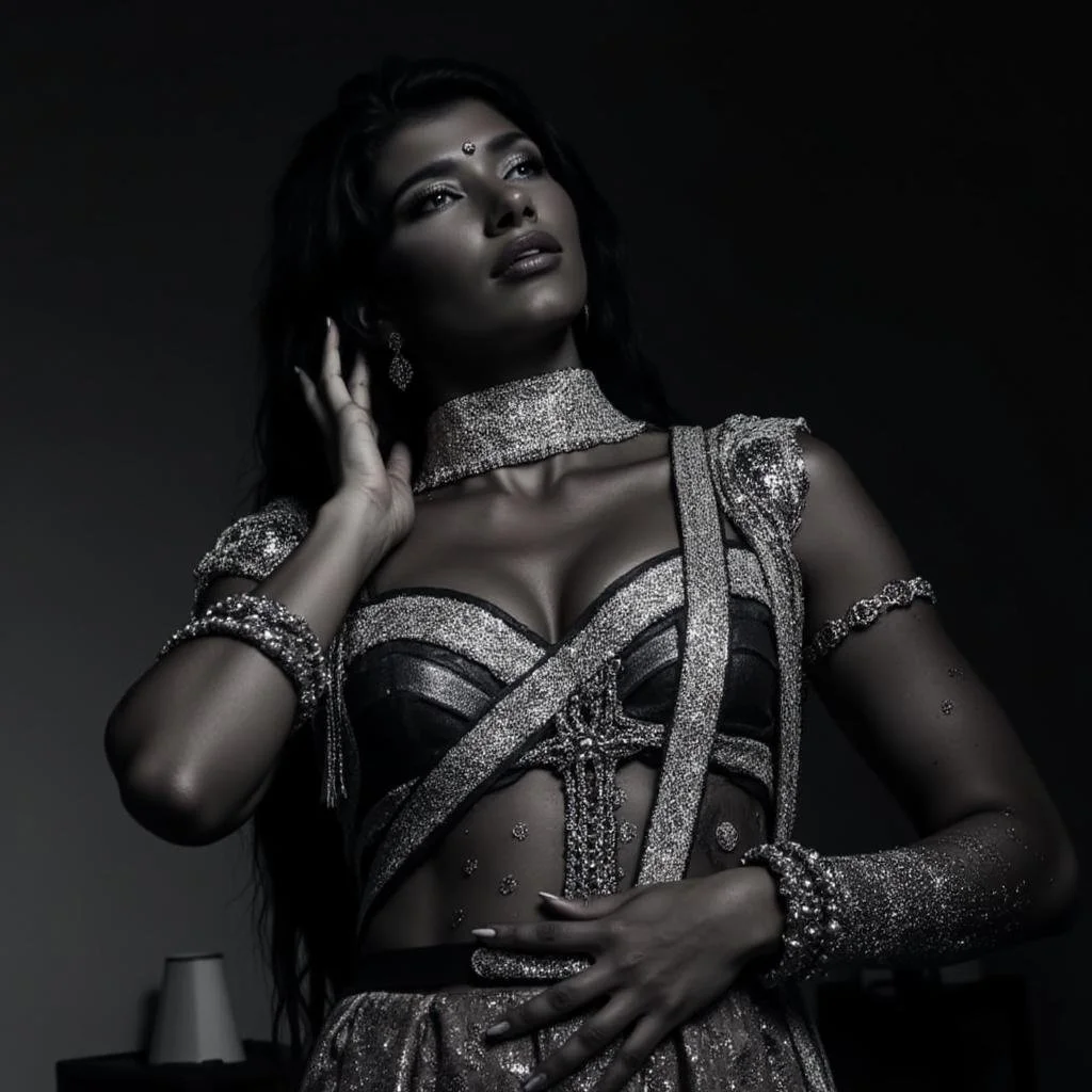 A woman in a glamorous, sparkly black and silver outfit with jewelry, posing with a dark background.