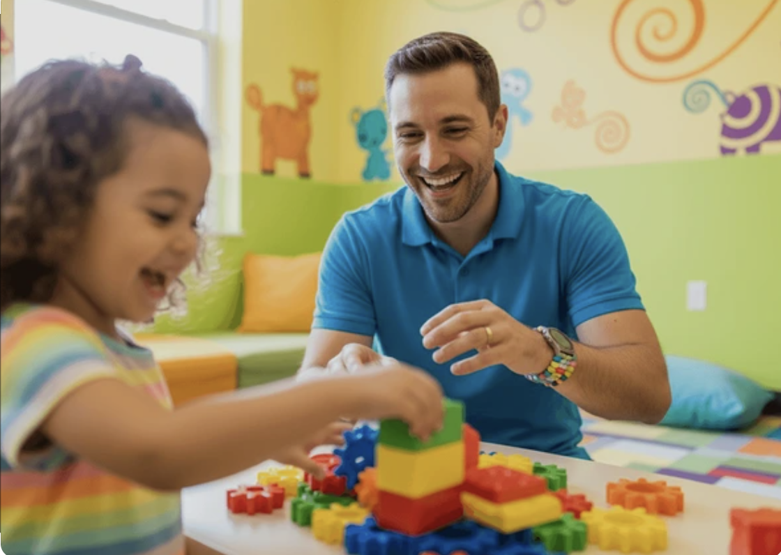 A young girl and an adult man are playing with colorful stacking blocks at a table in a brightly decorated room with animals painted on the wall.