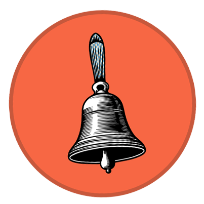 Zeichnung einer Glocke mit einem Handgriff auf orangefarbenem Hintergrund