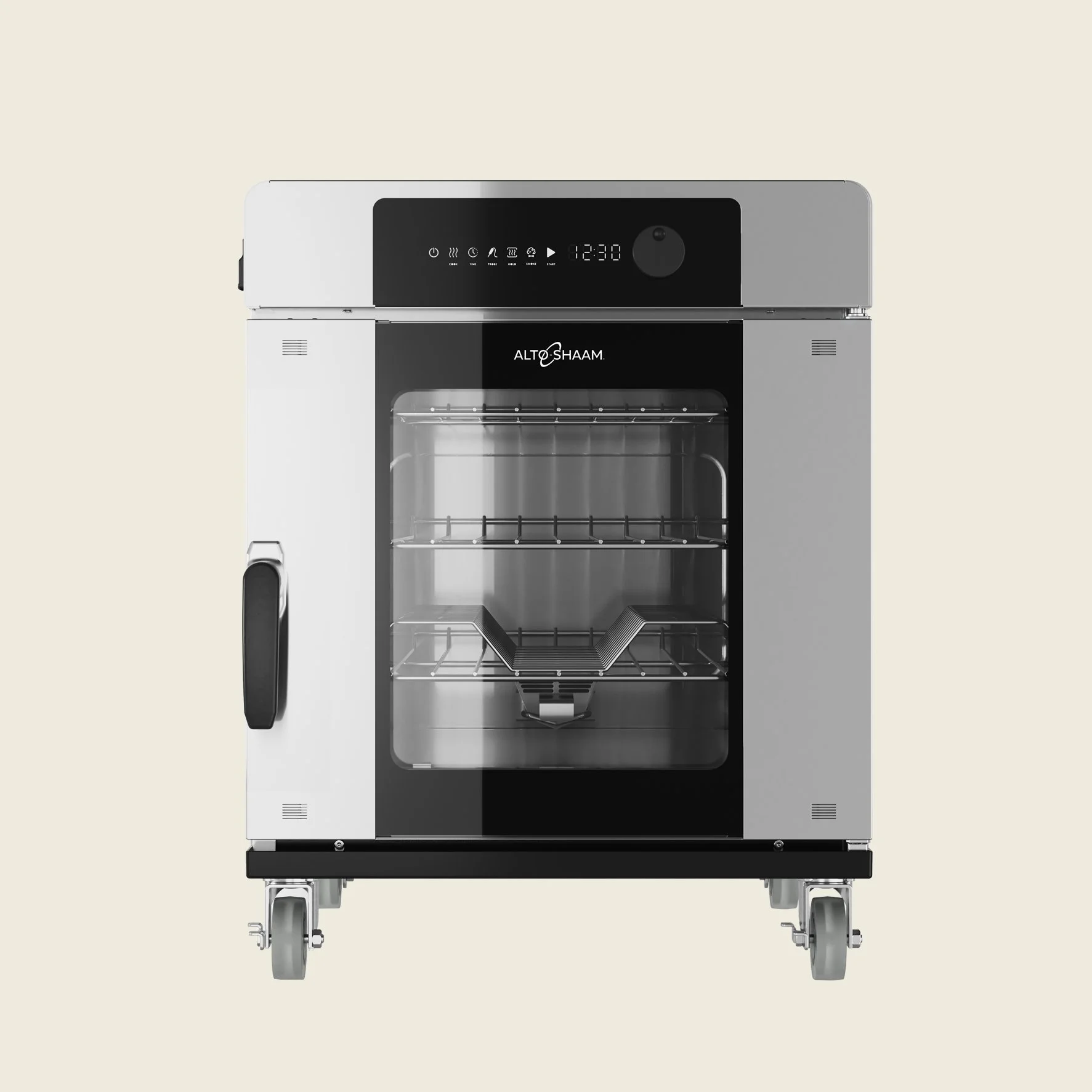 Ein moderner Backofen auf Rollen mit Glasfront und schwarzer Bedienblende, Marke ALTO-SHAAM, vor hellem Hintergrund.