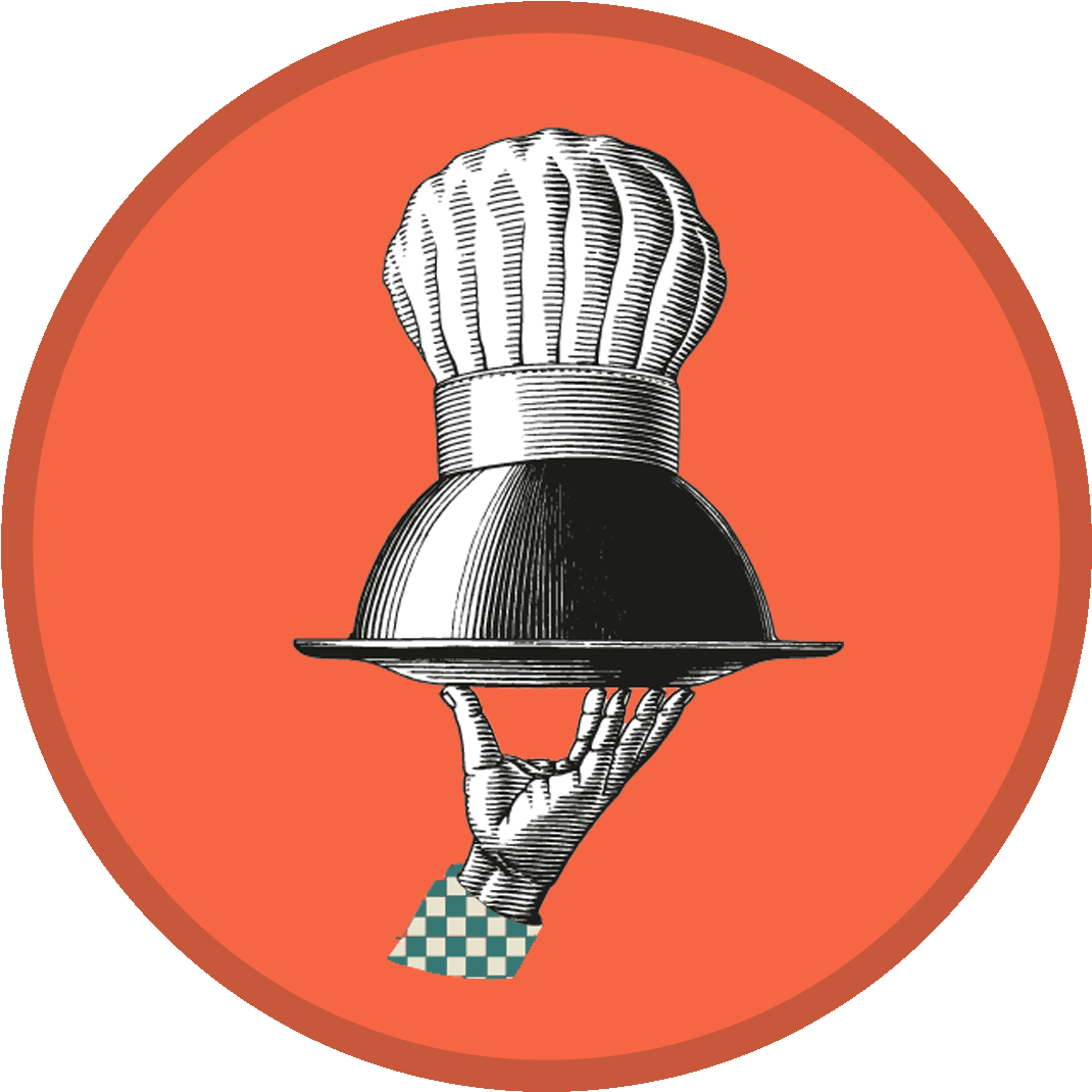 Illustration einer Hand in Turnschuhen trägt einen serveförmigen Deckel mit Kochmütze auf einem orangefarbenen Hintergrund.