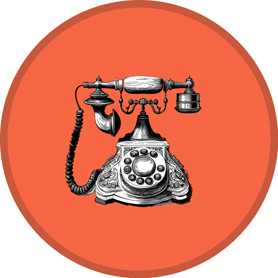 Schwarz-weiß Illustration eines alten, klassischen Telefons mit Wählscheibe auf orangefarbenem Hintergrund.