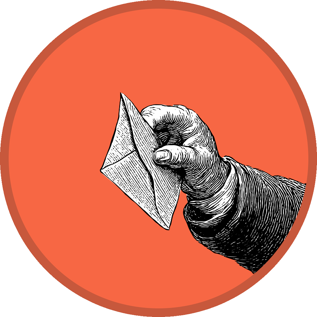 Eine handgezeichnete Illustration einer Hand, die ein Kuvert hält, vor oranger Hintergrund und rundem Rahmen.